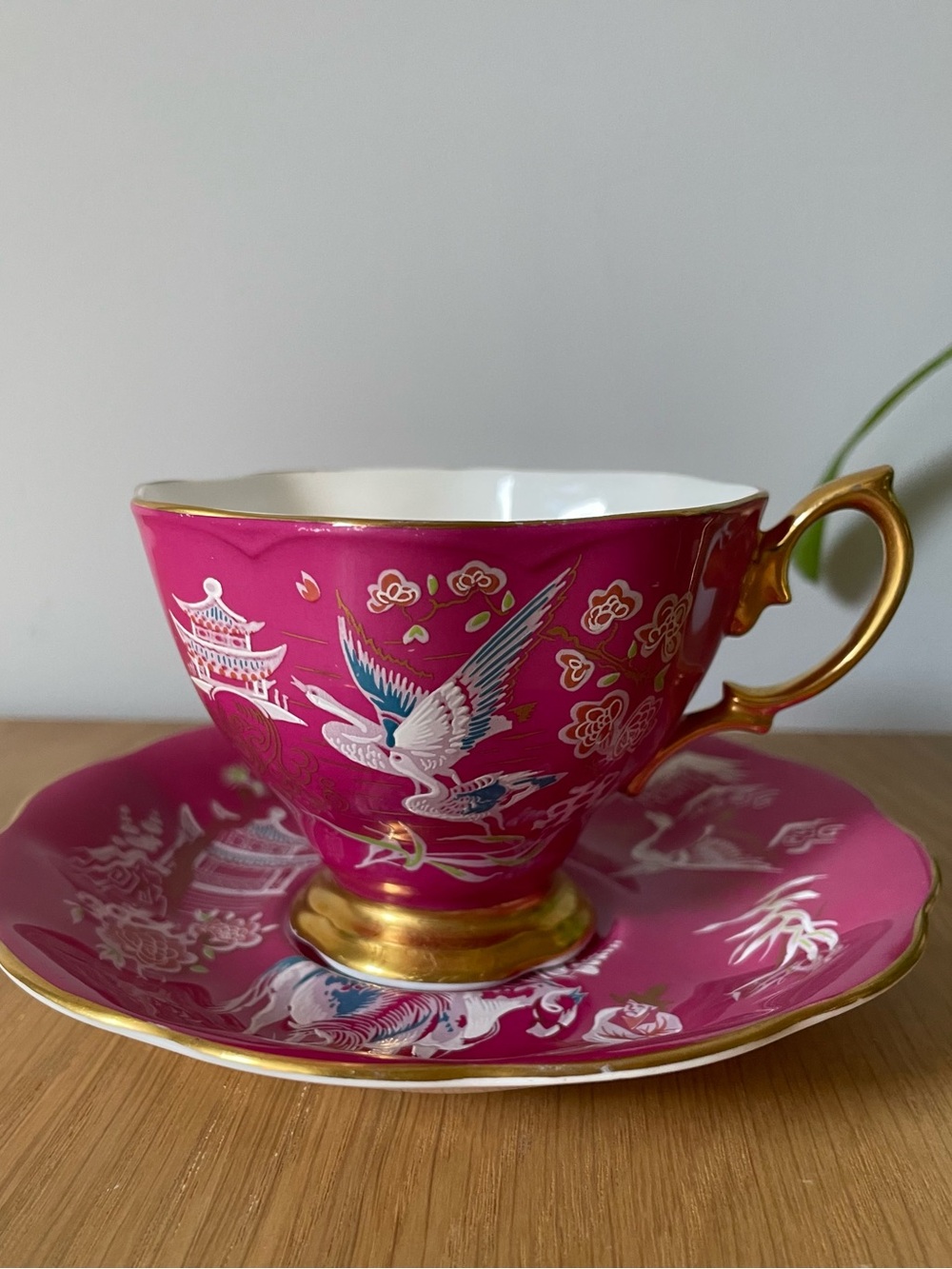 Rare Vintage Royal Albert Bone China “Oriental” Magenta Teacup & Saucer Bird